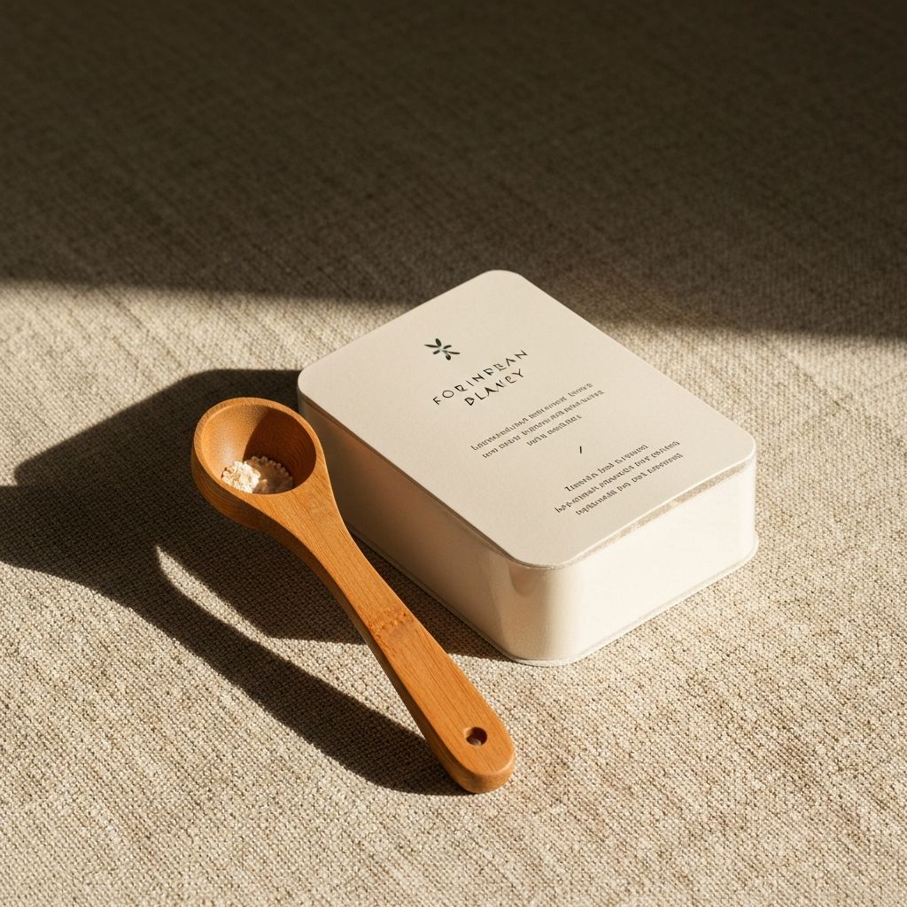 Neutral-toned powder supplement in minimalist packaging with wooden spoon, displayed on woven natural surface